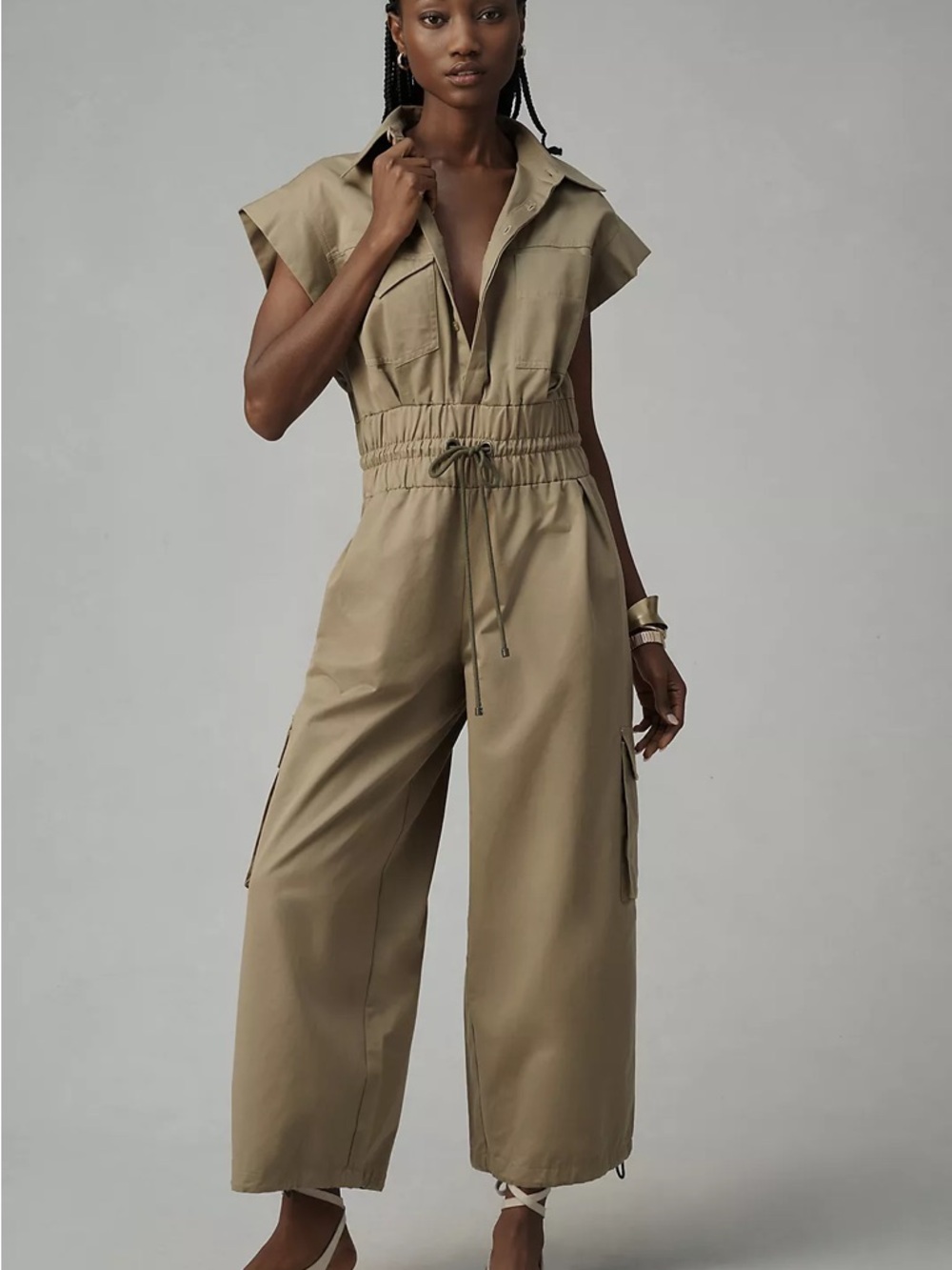 FARM RIO Utility Drawstring-Waist Jumpsuit in Khaki